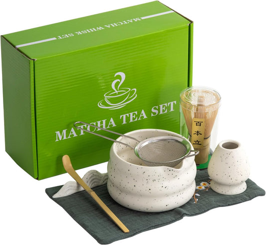 7Pcs Japanese Matcha Tea Set, Matcha Kit with Matcha Bowl (with Pouring Spout), Matcha Whisk, Whisk Holder, Strainer - Elegant Matcha Set for Gifting and Personal Use, Gift Box Packaging (white)
