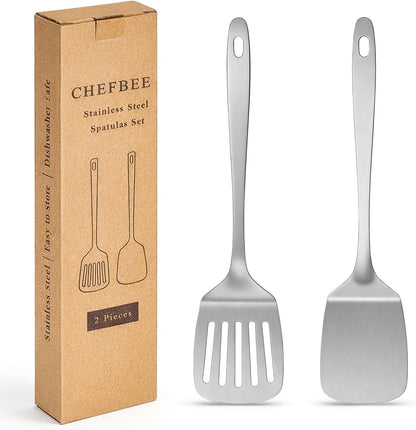 2PCS Stainless Steel Spatula Set, Solid & Slotted Turner | Heat Resistant, Heavy Duty Kitchen Utensils, Dishwasher Safe, For Flipping Fish Eggs Pancakes, Everyday Kitchen Cooking