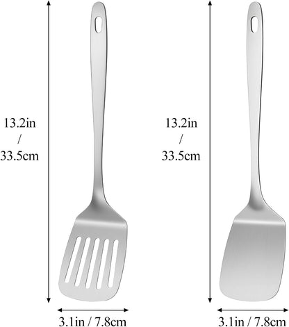 2PCS Stainless Steel Spatula Set, Solid & Slotted Turner | Heat Resistant, Heavy Duty Kitchen Utensils, Dishwasher Safe, For Flipping Fish Eggs Pancakes, Everyday Kitchen Cooking