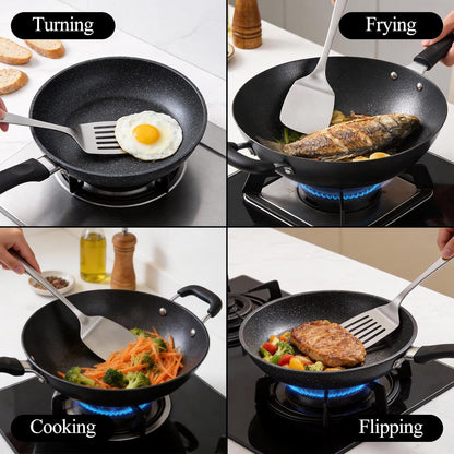2PCS Stainless Steel Spatula Set, Solid & Slotted Turner | Heat Resistant, Heavy Duty Kitchen Utensils, Dishwasher Safe, For Flipping Fish Eggs Pancakes, Everyday Kitchen Cooking