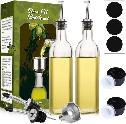 [2 PACK] 17 oz Glass Olive Oil Dispenser Bottle Set - 500ml Clear Oil & Vinegar Cruet Bottle with Pourers, Funnel and Labels