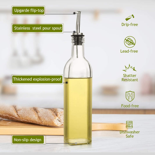 [2 PACK] 17 oz Glass Olive Oil Dispenser Bottle Set - 500ml Clear Oil & Vinegar Cruet Bottle with Pourers, Funnel and Labels