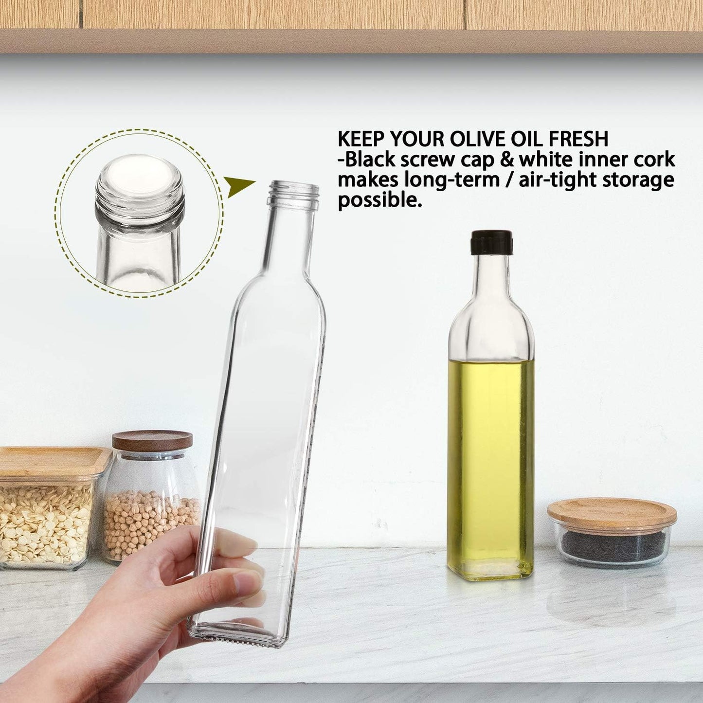 [2 PACK] 17 oz Glass Olive Oil Dispenser Bottle Set - 500ml Clear Oil & Vinegar Cruet Bottle with Pourers, Funnel and Labels