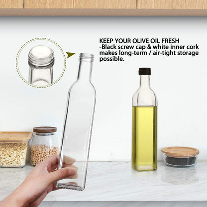 [2 PACK] 17 oz Glass Olive Oil Dispenser Bottle Set - 500ml Clear Oil & Vinegar Cruet Bottle with Pourers, Funnel and Labels