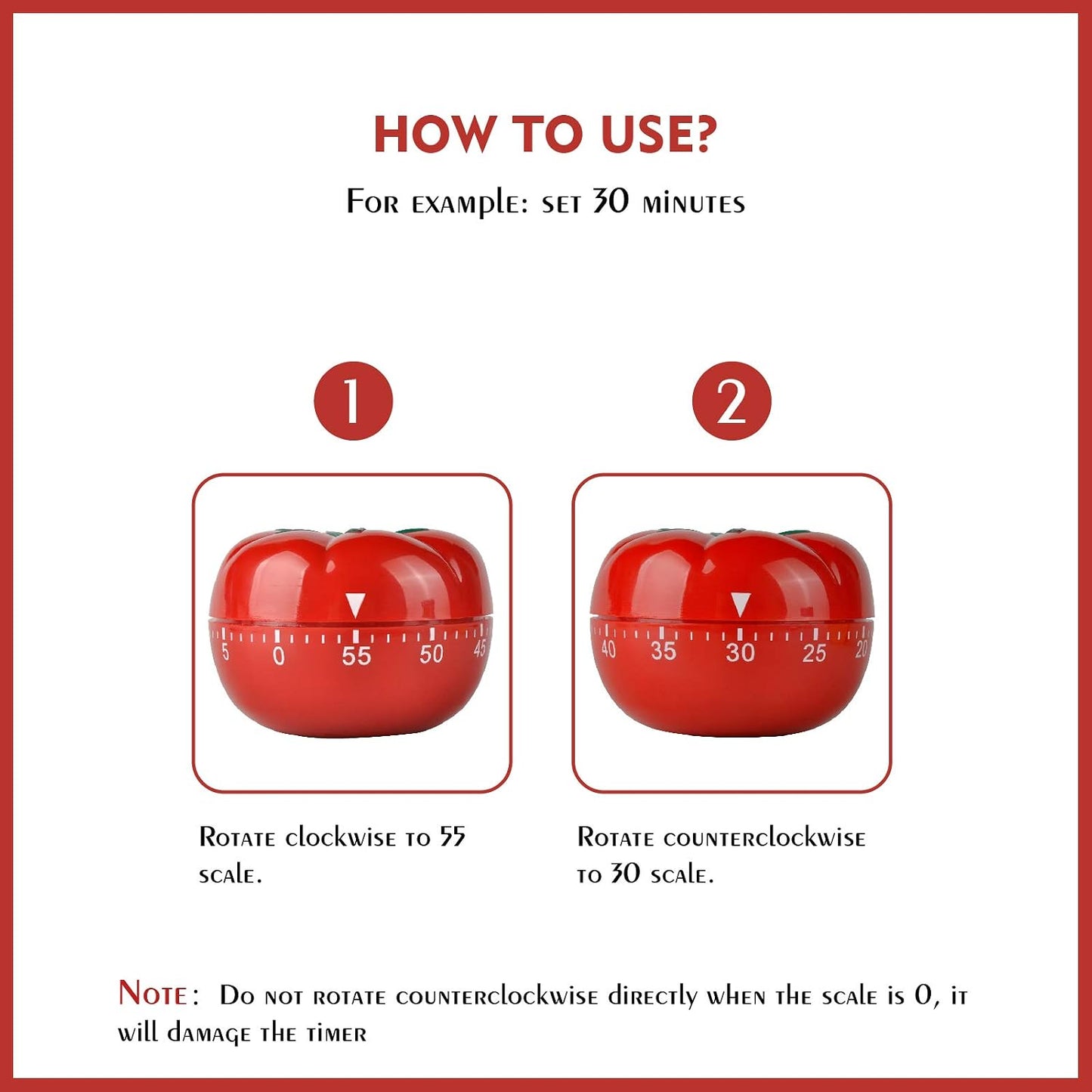 Jayron Tomato Kitchen Timer, 60-Minute Mechanical Wind-Up Countdown Timer | Red body with green top, battery-free rotary dial, audible ticking, end bell, marked scale, baking, pasta, tea, coffee, study