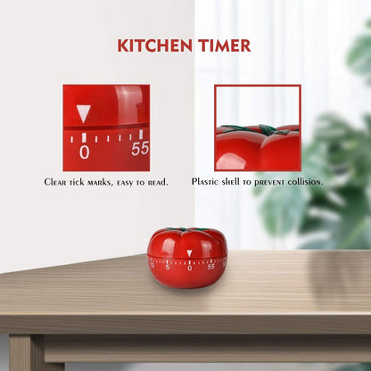 Jayron Tomato Kitchen Timer, 60-Minute Mechanical Wind-Up Countdown Timer | Red body with green top, battery-free rotary dial, audible ticking, end bell, marked scale, baking, pasta, tea, coffee, study