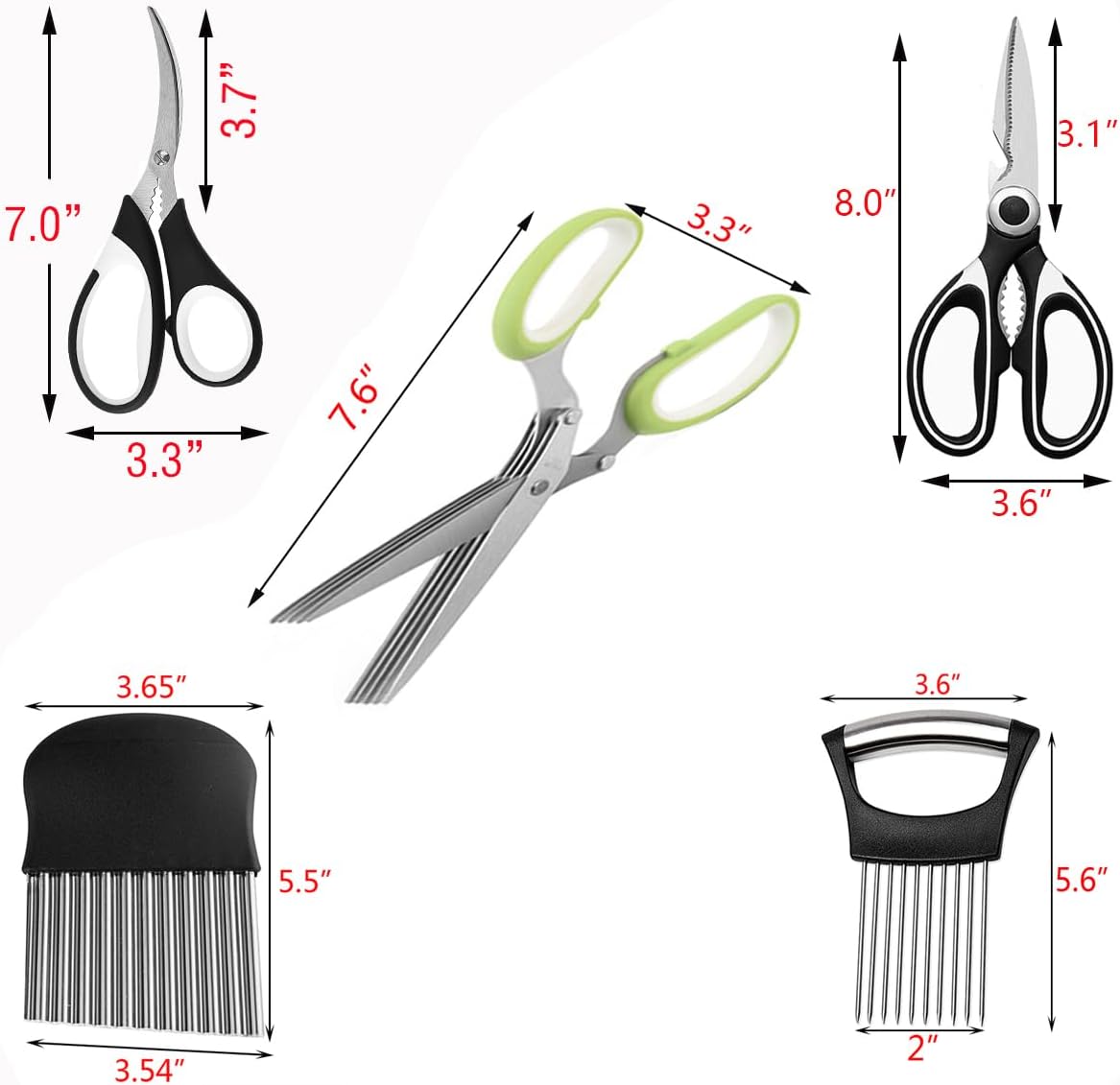 5-Blade Herb Scissors, Kitchen Shears, Seafood Scissors, Onion Holder Slicer and Potato Crinkle Cutter, Kitchen Gadget Salad Herb Tools 5 Sets