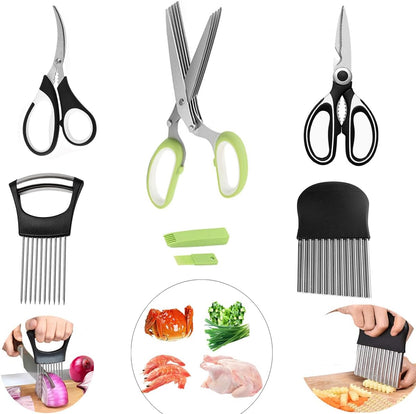 5-Blade Herb Scissors, Kitchen Shears, Seafood Scissors, Onion Holder Slicer and Potato Crinkle Cutter, Kitchen Gadget Salad Herb Tools 5 Sets