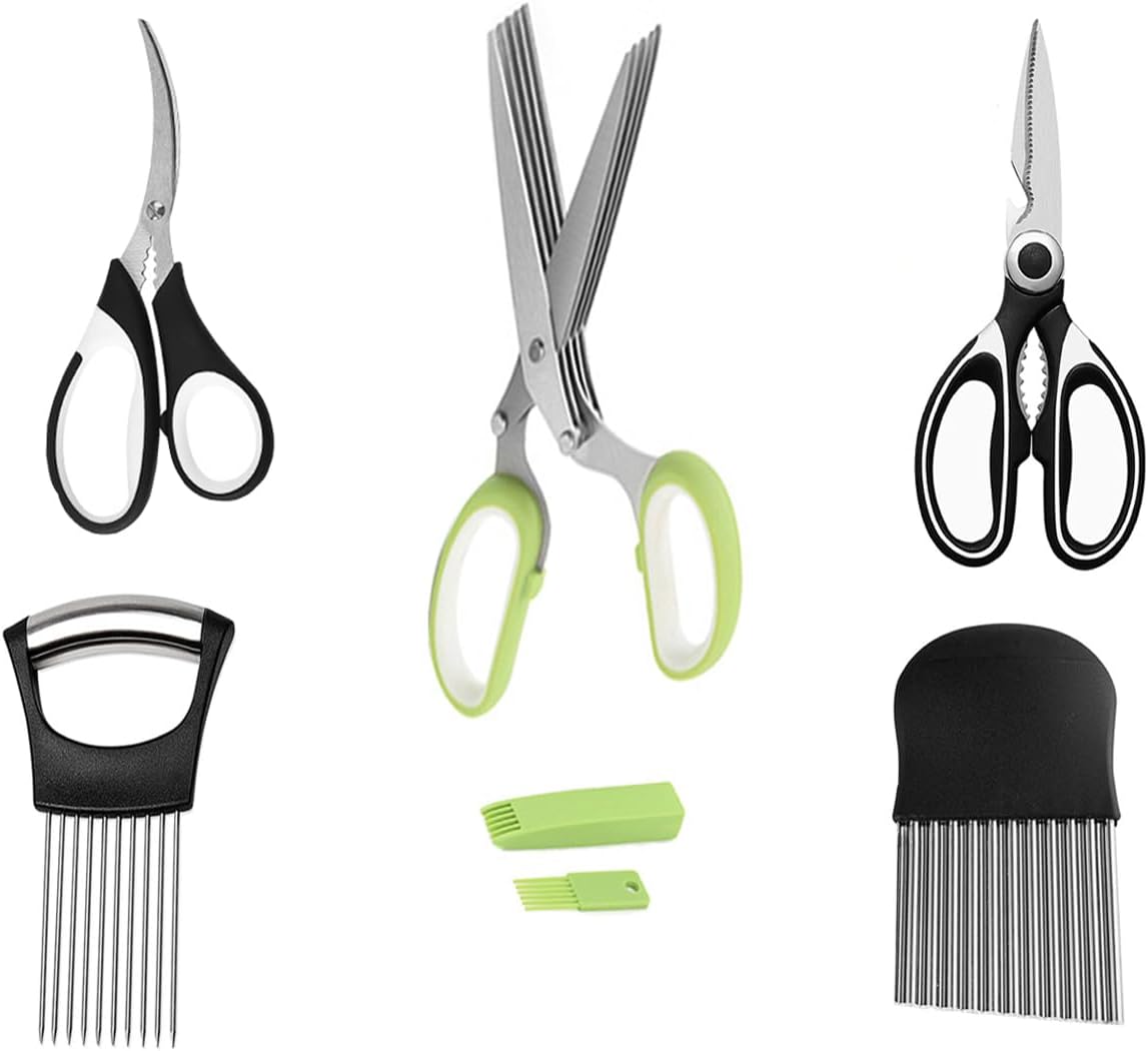 5-Blade Herb Scissors, Kitchen Shears, Seafood Scissors, Onion Holder Slicer and Potato Crinkle Cutter, Kitchen Gadget Salad Herb Tools 5 Sets