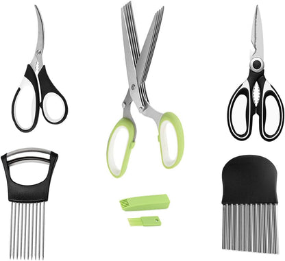 5-Blade Herb Scissors, Kitchen Shears, Seafood Scissors, Onion Holder Slicer and Potato Crinkle Cutter, Kitchen Gadget Salad Herb Tools 5 Sets