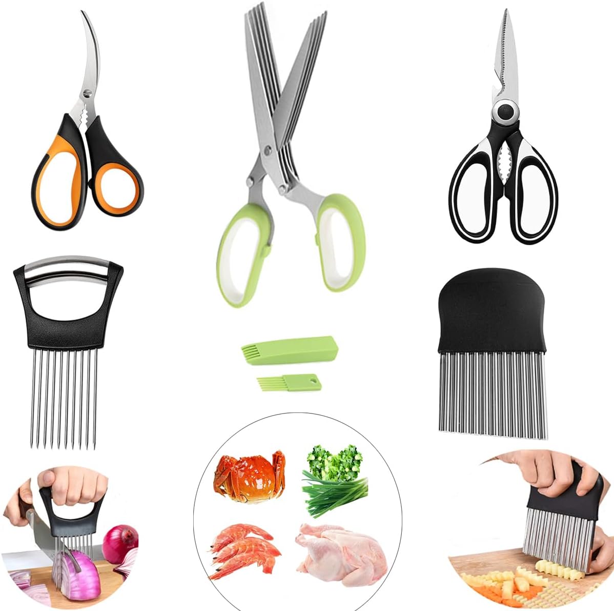 5-Blade Herb Scissors, Kitchen Shears, Seafood Scissors, Onion Holder Slicer and Potato Crinkle Cutter, Kitchen Gadget Salad Herb Tools 5 Sets