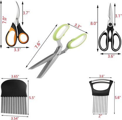 5-Blade Herb Scissors, Kitchen Shears, Seafood Scissors, Onion Holder Slicer and Potato Crinkle Cutter, Kitchen Gadget Salad Herb Tools 5 Sets