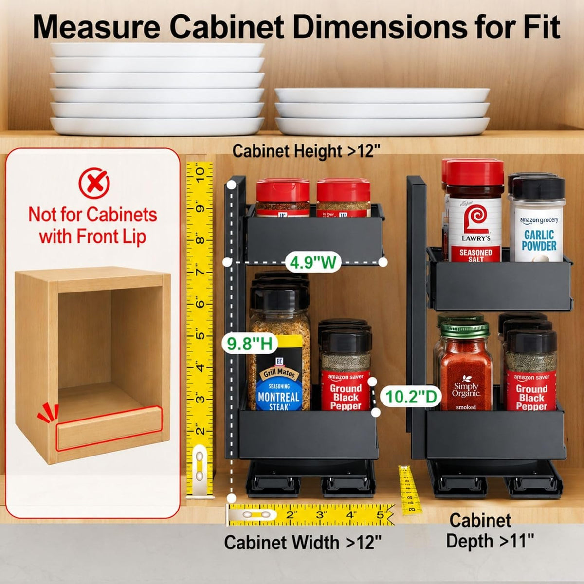 Pull Out Spice Rack - Upper Cabinet Storage, 2 Pack for Jars | Rotating Pull-Out Access, Adjustable Jar Height, No-Drill Mounting, Keeps Back-Row Spices Visible and Easy to Reach, Home