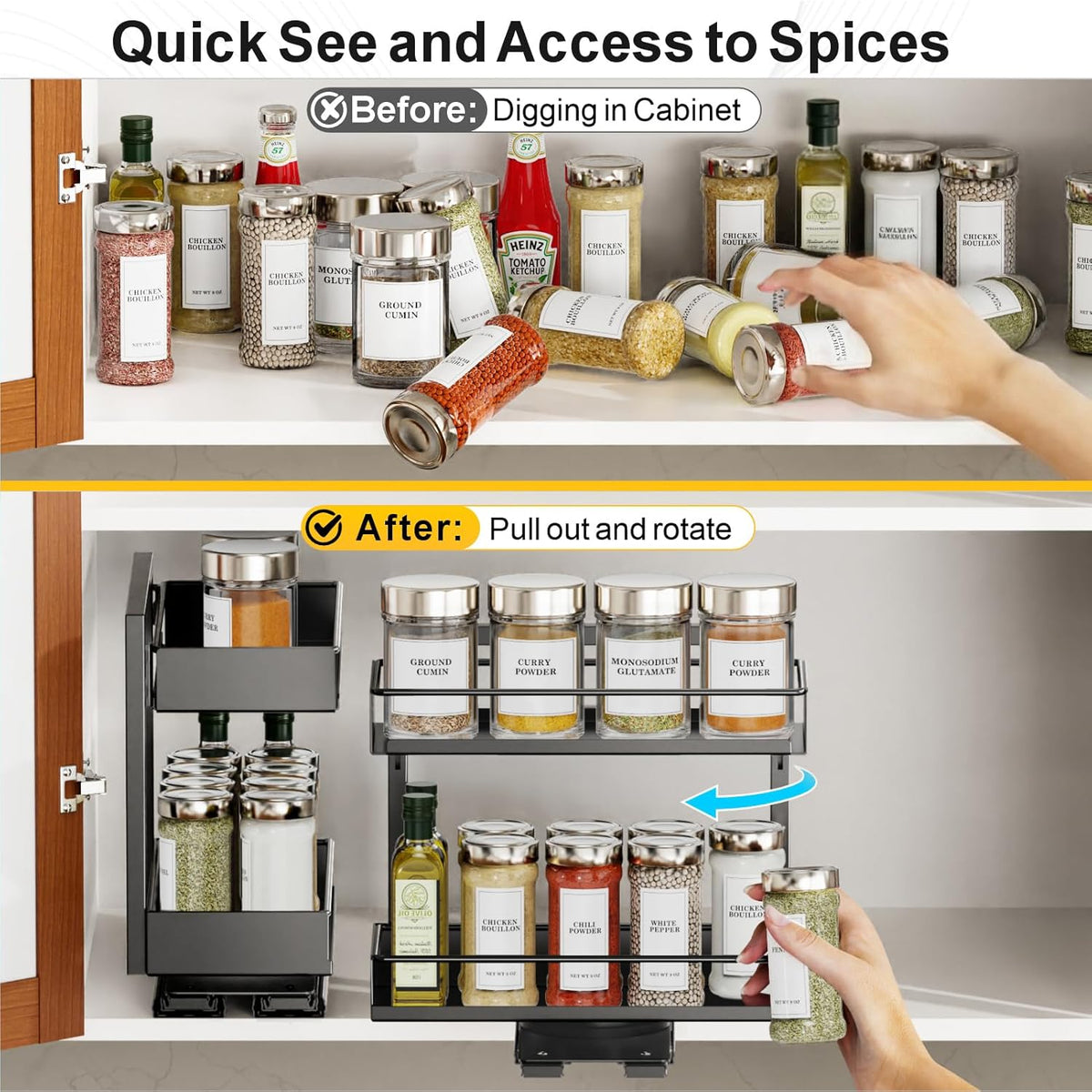 Pull Out Spice Rack - Upper Cabinet Storage, 2 Pack for Jars | Rotating Pull-Out Access, Adjustable Jar Height, No-Drill Mounting, Keeps Back-Row Spices Visible and Easy to Reach, Home
