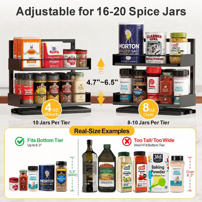 Pull Out Spice Rack - Upper Cabinet Storage, 2 Pack for Jars | Rotating Pull-Out Access, Adjustable Jar Height, No-Drill Mounting, Keeps Back-Row Spices Visible and Easy to Reach, Home