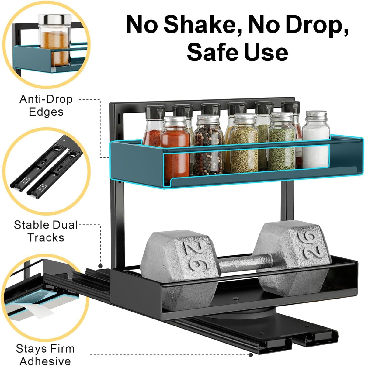 Pull Out Spice Rack - Upper Cabinet Storage, 2 Pack for Jars | Rotating Pull-Out Access, Adjustable Jar Height, No-Drill Mounting, Keeps Back-Row Spices Visible and Easy to Reach, Home