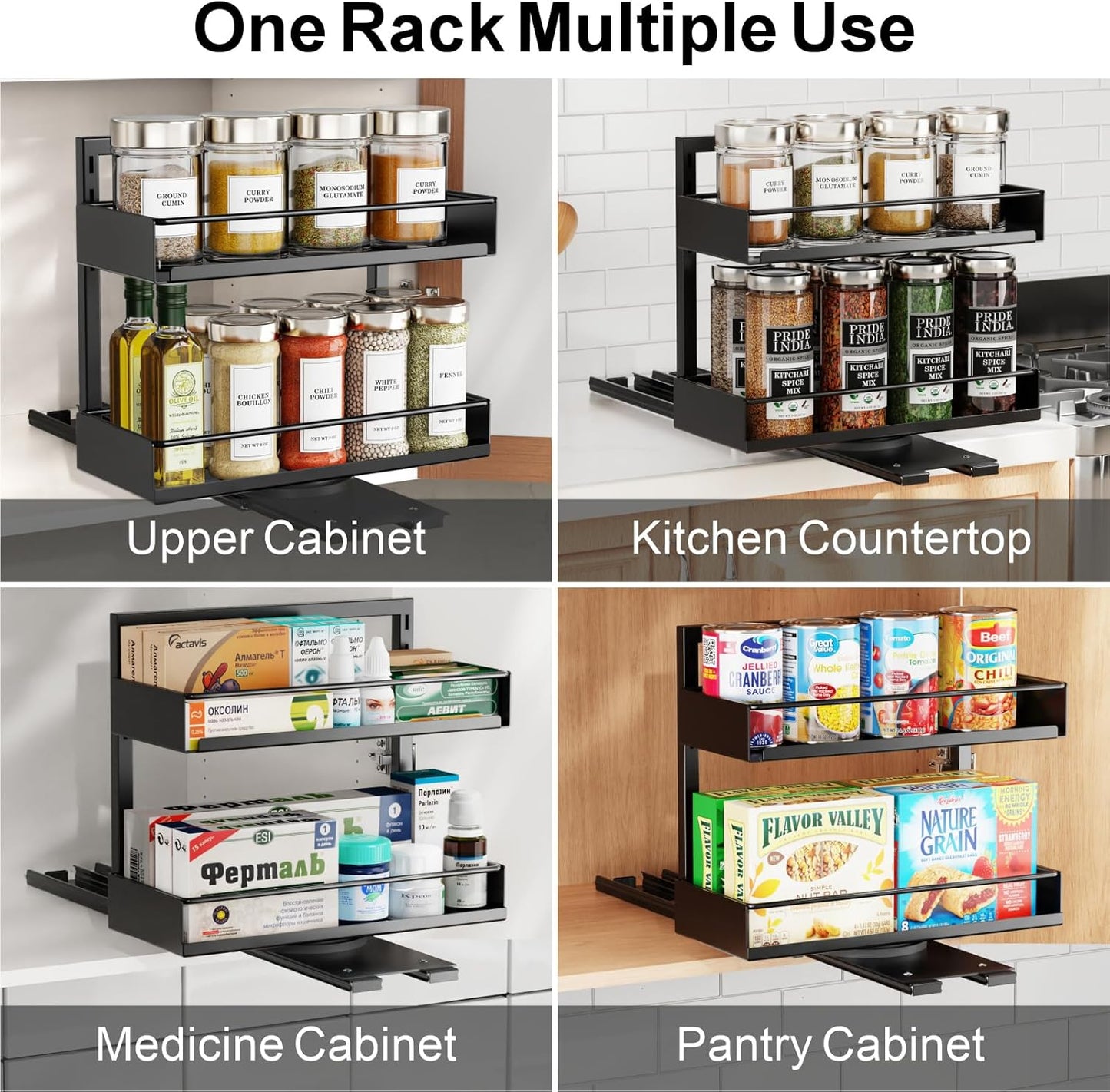 Pull Out Spice Rack - Upper Cabinet Storage, 2 Pack for Jars | Rotating Pull-Out Access, Adjustable Jar Height, No-Drill Mounting, Keeps Back-Row Spices Visible and Easy to Reach, Home