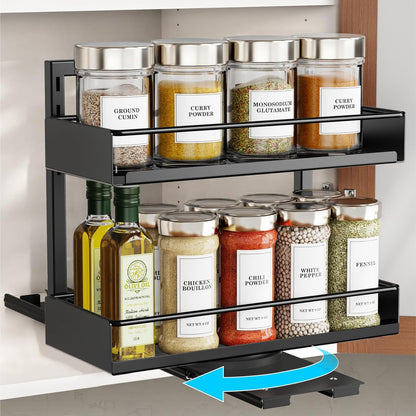 Pull Out Spice Rack - Upper Cabinet Storage, 2 Pack for Jars | Rotating Pull-Out Access, Adjustable Jar Height, No-Drill Mounting, Keeps Back-Row Spices Visible and Easy to Reach, Home
