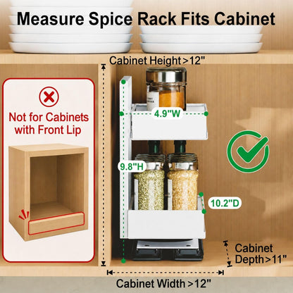 Pull Out Spice Rack - Upper Cabinet Storage, 2 Pack for Jars | Rotating Pull-Out Access, Adjustable Jar Height, No-Drill Mounting, Keeps Back-Row Spices Visible and Easy to Reach, Home