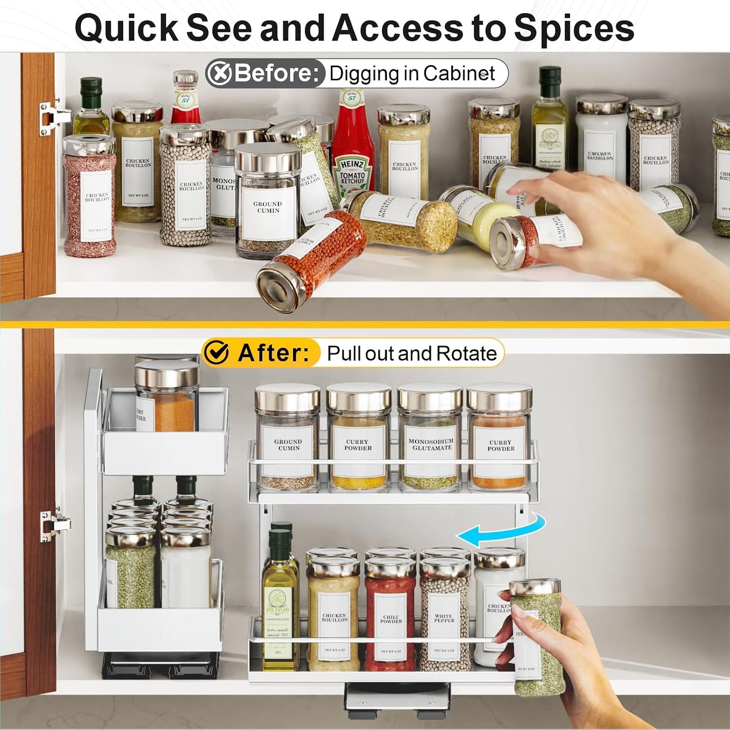 Pull Out Spice Rack - Upper Cabinet Storage, 2 Pack for Jars | Rotating Pull-Out Access, Adjustable Jar Height, No-Drill Mounting, Keeps Back-Row Spices Visible and Easy to Reach, Home