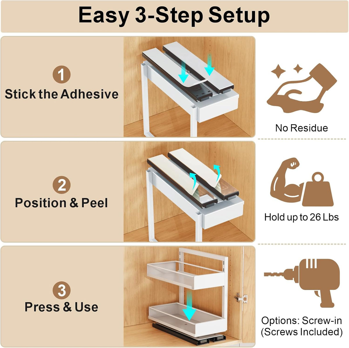 Pull Out Spice Rack - Upper Cabinet Storage, 2 Pack for Jars | Rotating Pull-Out Access, Adjustable Jar Height, No-Drill Mounting, Keeps Back-Row Spices Visible and Easy to Reach, Home