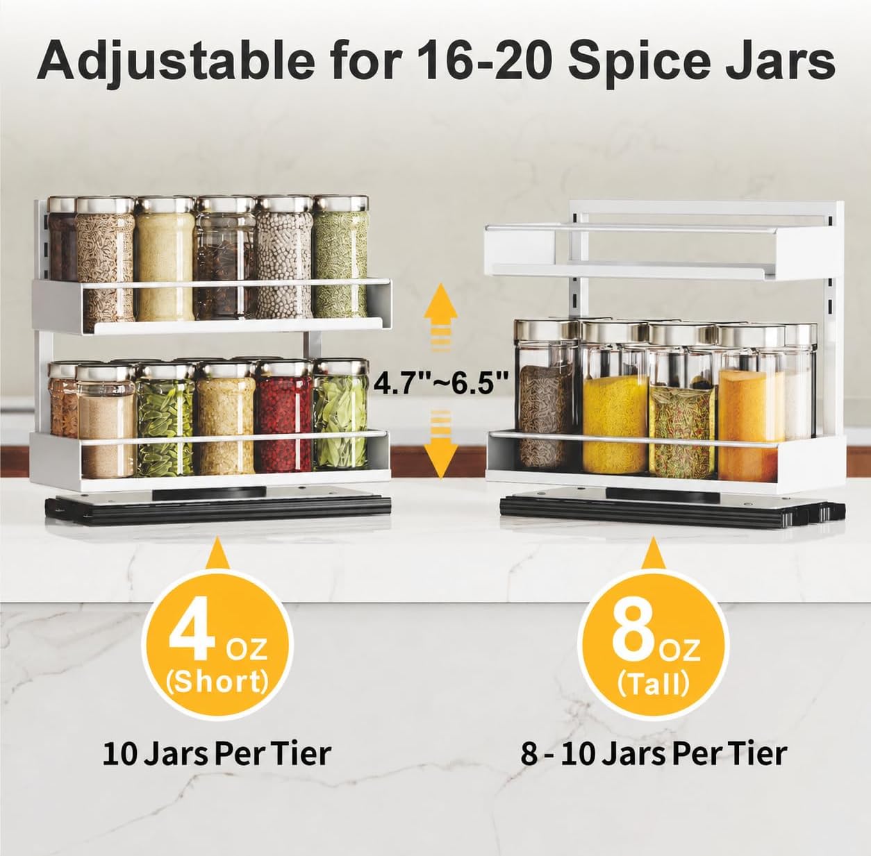Pull Out Spice Rack - Upper Cabinet Storage, 2 Pack for Jars | Rotating Pull-Out Access, Adjustable Jar Height, No-Drill Mounting, Keeps Back-Row Spices Visible and Easy to Reach, Home