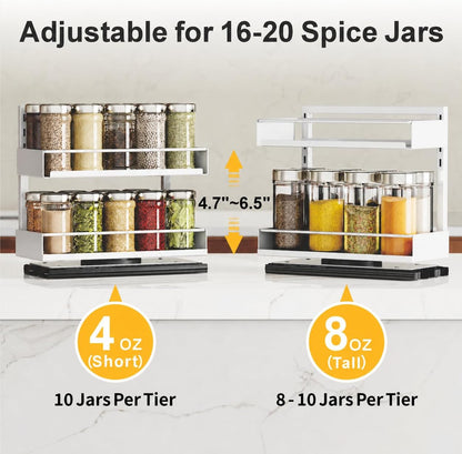 Pull Out Spice Rack - Upper Cabinet Storage, 2 Pack for Jars | Rotating Pull-Out Access, Adjustable Jar Height, No-Drill Mounting, Keeps Back-Row Spices Visible and Easy to Reach, Home
