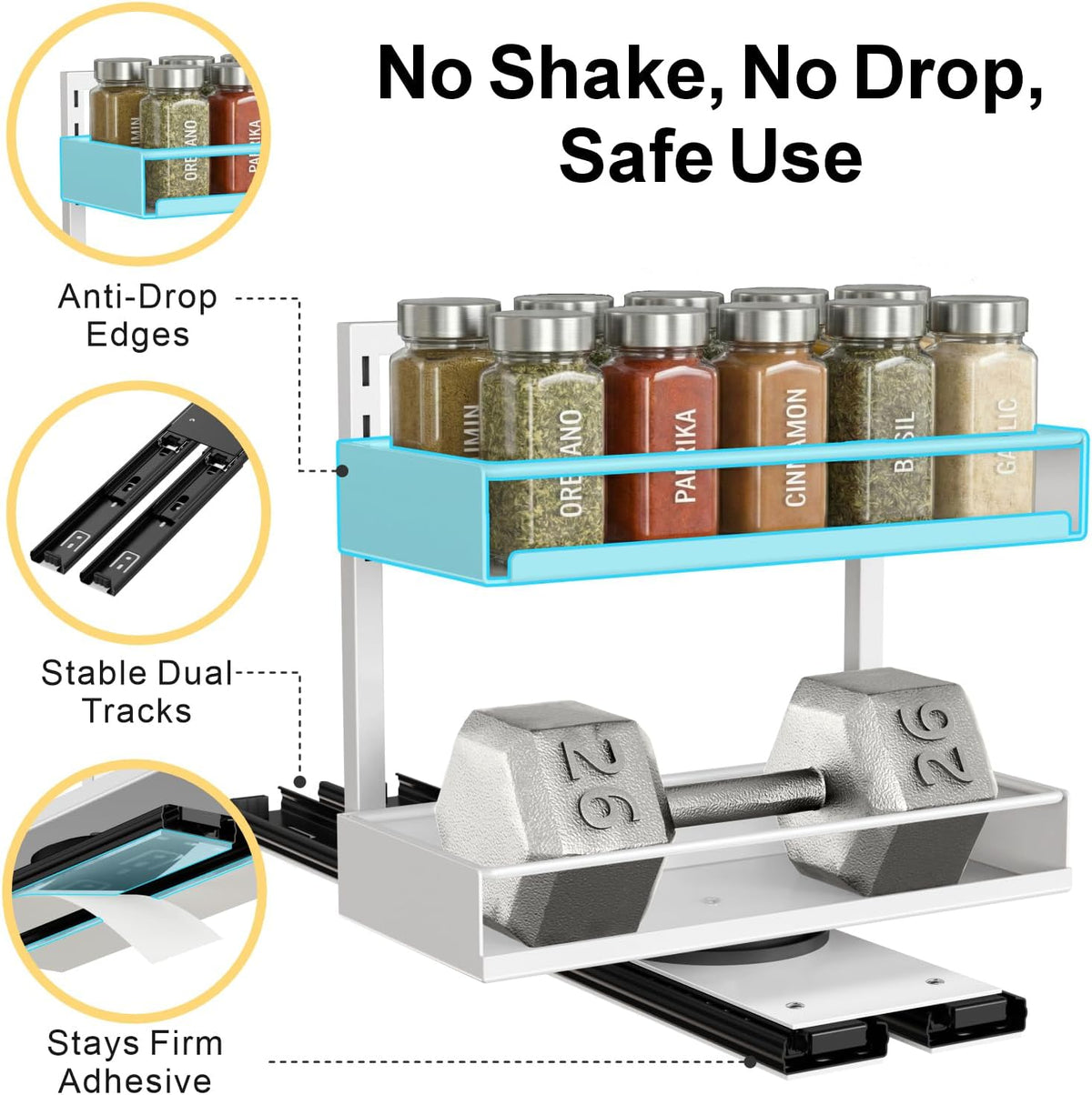 Pull Out Spice Rack - Upper Cabinet Storage, 2 Pack for Jars | Rotating Pull-Out Access, Adjustable Jar Height, No-Drill Mounting, Keeps Back-Row Spices Visible and Easy to Reach, Home