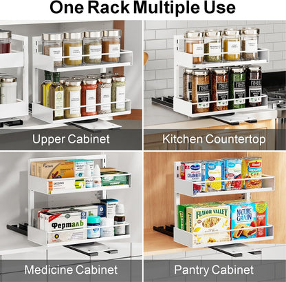 Pull Out Spice Rack - Upper Cabinet Storage, 2 Pack for Jars | Rotating Pull-Out Access, Adjustable Jar Height, No-Drill Mounting, Keeps Back-Row Spices Visible and Easy to Reach, Home