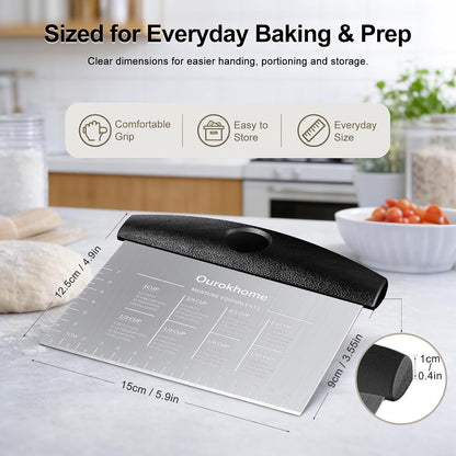 2 Pack Bench Scraper Dough Cutter, Stainless Steel Dough Scraper with Laser-Etched Scale, Conversion Chart, Non-Slip Handle, Dishwasher Safe for Bread & Pastry, Black