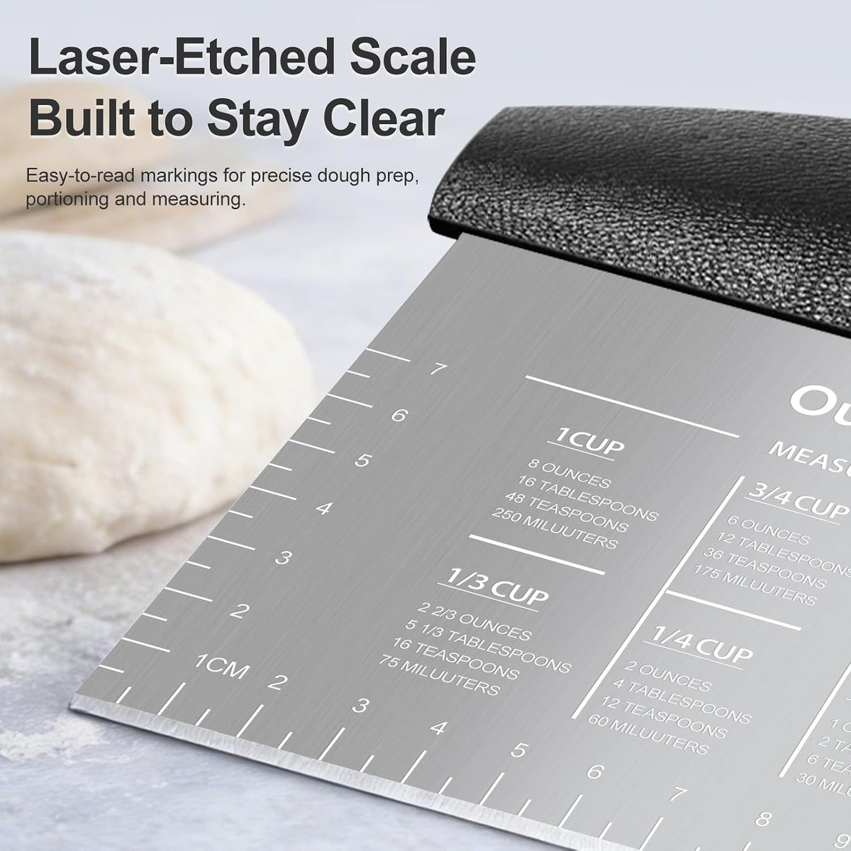 2 Pack Bench Scraper Dough Cutter, Stainless Steel Dough Scraper with Laser-Etched Scale, Conversion Chart, Non-Slip Handle, Dishwasher Safe for Bread & Pastry, Black