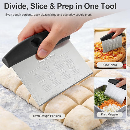 2 Pack Bench Scraper Dough Cutter, Stainless Steel Dough Scraper with Laser-Etched Scale, Conversion Chart, Non-Slip Handle, Dishwasher Safe for Bread & Pastry, Black