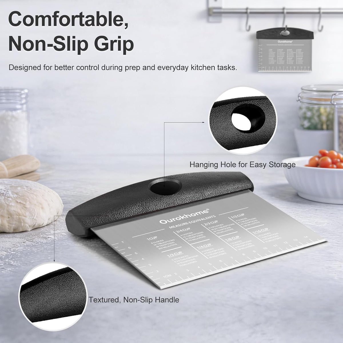 2 Pack Bench Scraper Dough Cutter, Stainless Steel Dough Scraper with Laser-Etched Scale, Conversion Chart, Non-Slip Handle, Dishwasher Safe for Bread & Pastry, Black