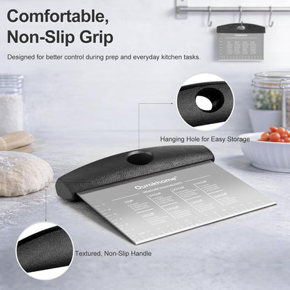 2 Pack Bench Scraper Dough Cutter, Stainless Steel Dough Scraper with Laser-Etched Scale, Conversion Chart, Non-Slip Handle, Dishwasher Safe for Bread & Pastry, Black