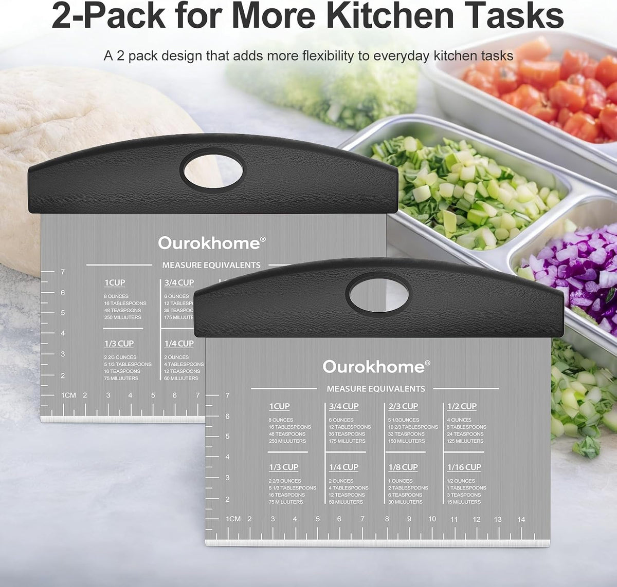 2 Pack Bench Scraper Dough Cutter, Stainless Steel Dough Scraper with Laser-Etched Scale, Conversion Chart, Non-Slip Handle, Dishwasher Safe for Bread & Pastry, Black