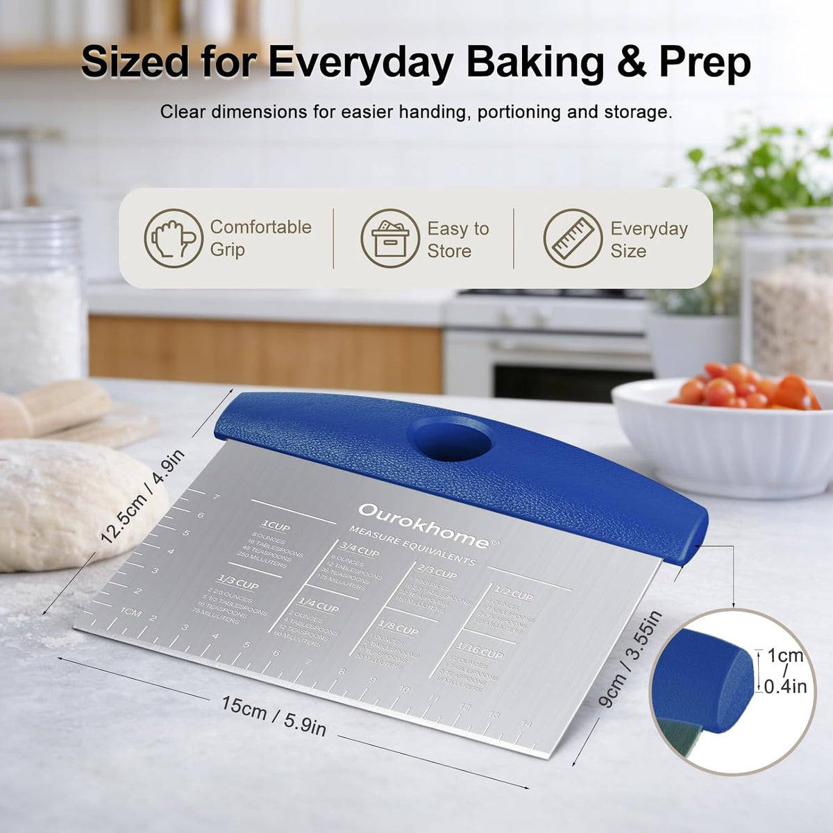 2 Pack Bench Scraper Dough Cutter, Stainless Steel Dough Scraper with Laser-Etched Scale, Conversion Chart, Non-Slip Handle, Dishwasher Safe for Bread & Pastry, Black