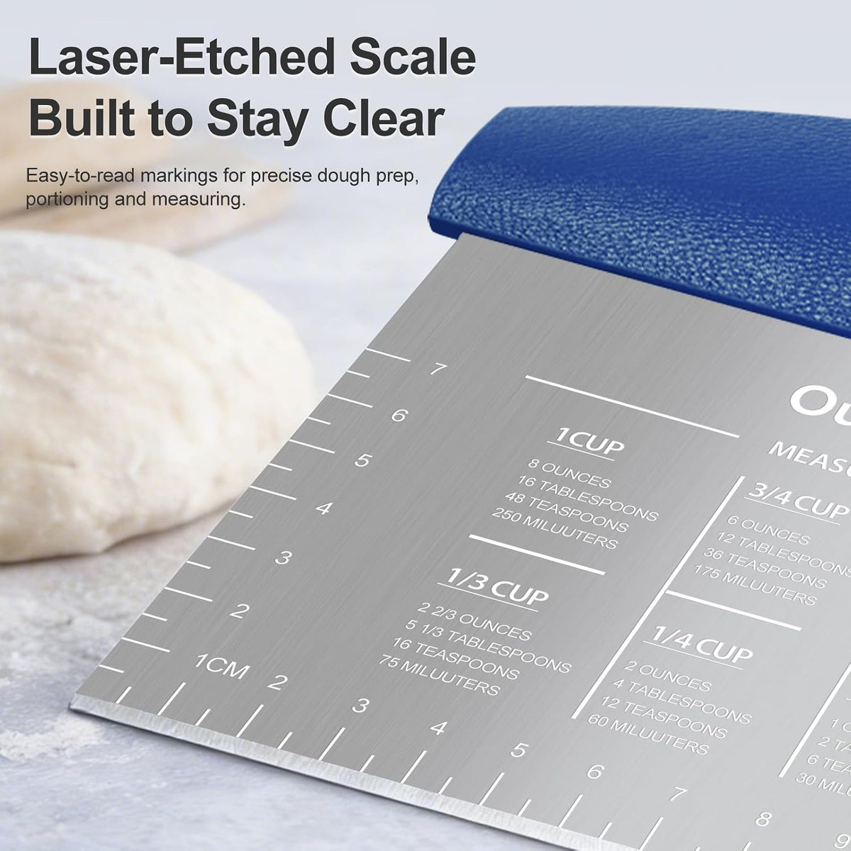 2 Pack Bench Scraper Dough Cutter, Stainless Steel Dough Scraper with Laser-Etched Scale, Conversion Chart, Non-Slip Handle, Dishwasher Safe for Bread & Pastry, Black