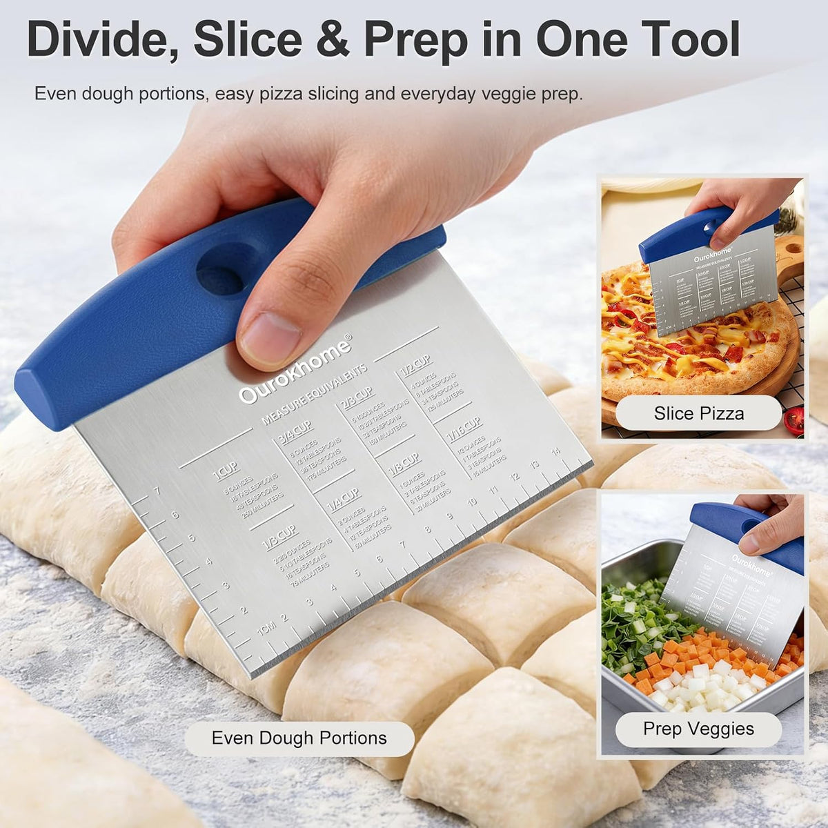 2 Pack Bench Scraper Dough Cutter, Stainless Steel Dough Scraper with Laser-Etched Scale, Conversion Chart, Non-Slip Handle, Dishwasher Safe for Bread & Pastry, Black