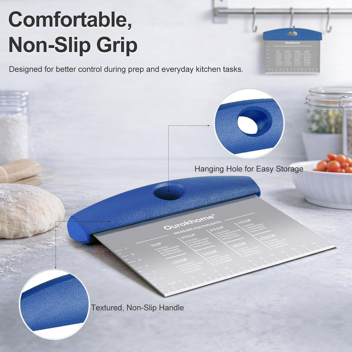 2 Pack Bench Scraper Dough Cutter, Stainless Steel Dough Scraper with Laser-Etched Scale, Conversion Chart, Non-Slip Handle, Dishwasher Safe for Bread & Pastry, Black