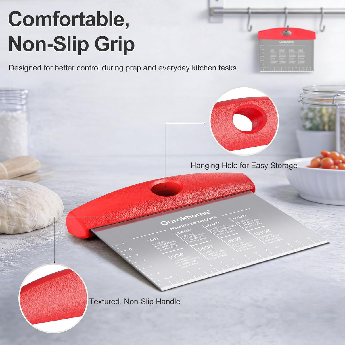 2 Pack Bench Scraper Dough Cutter, Stainless Steel Dough Scraper with Laser-Etched Scale, Conversion Chart, Non-Slip Handle, Dishwasher Safe for Bread & Pastry, Black