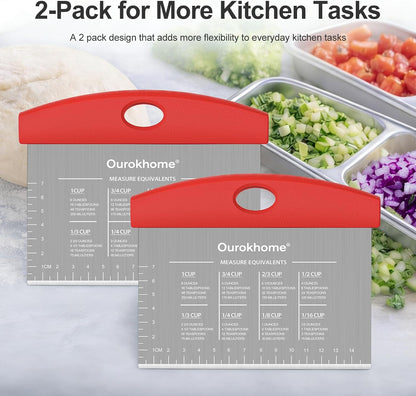 2 Pack Bench Scraper Dough Cutter, Stainless Steel Dough Scraper with Laser-Etched Scale, Conversion Chart, Non-Slip Handle, Dishwasher Safe for Bread & Pastry, Black