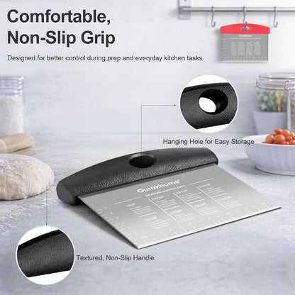 2 Pack Bench Scraper Dough Cutter, Stainless Steel Dough Scraper with Laser-Etched Scale, Conversion Chart, Non-Slip Handle, Dishwasher Safe for Bread & Pastry, Black