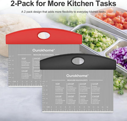 2 Pack Bench Scraper Dough Cutter, Stainless Steel Dough Scraper with Laser-Etched Scale, Conversion Chart, Non-Slip Handle, Dishwasher Safe for Bread & Pastry, Black