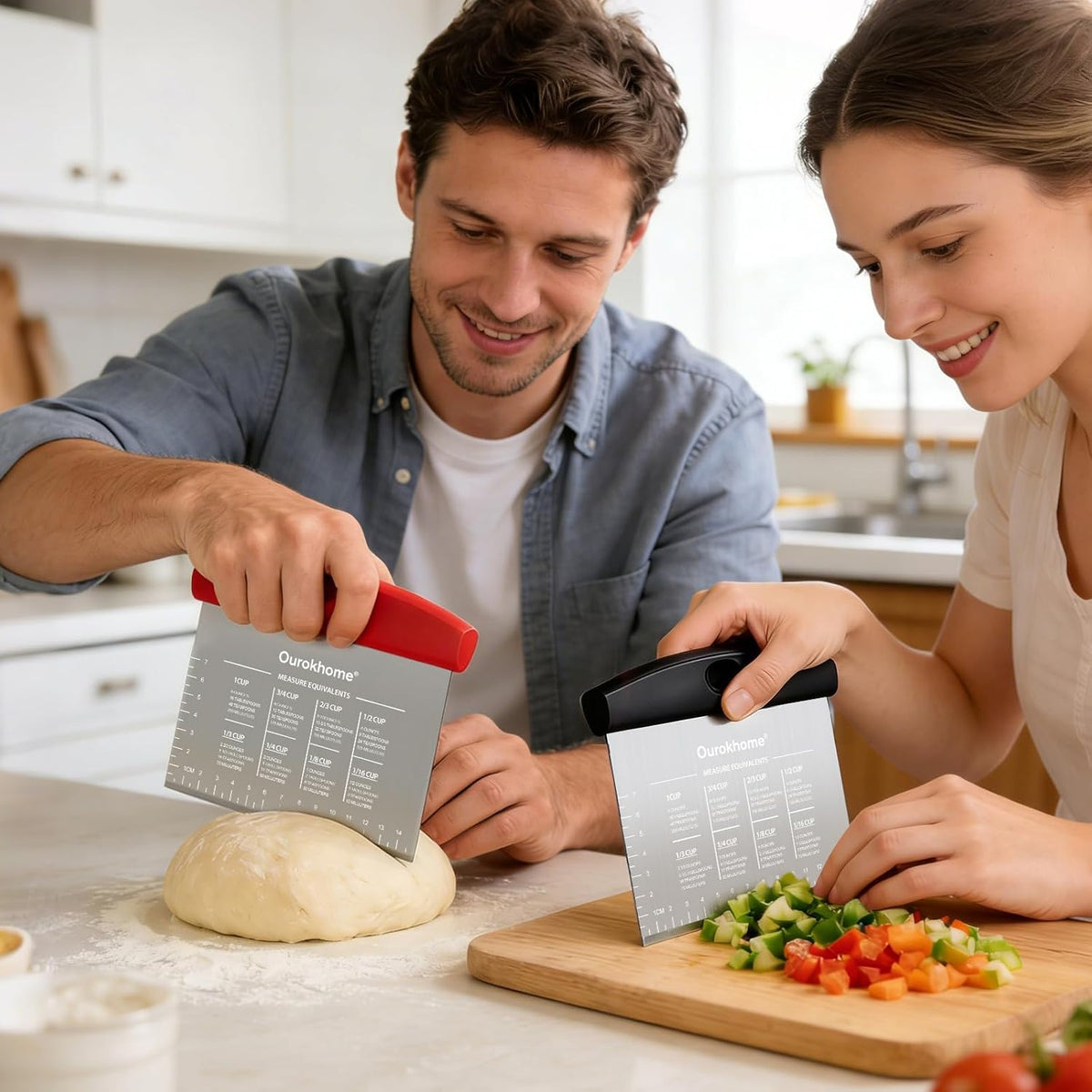 2 Pack Bench Scraper Dough Cutter, Stainless Steel Dough Scraper with Laser-Etched Scale, Conversion Chart, Non-Slip Handle, Dishwasher Safe for Bread & Pastry, Black