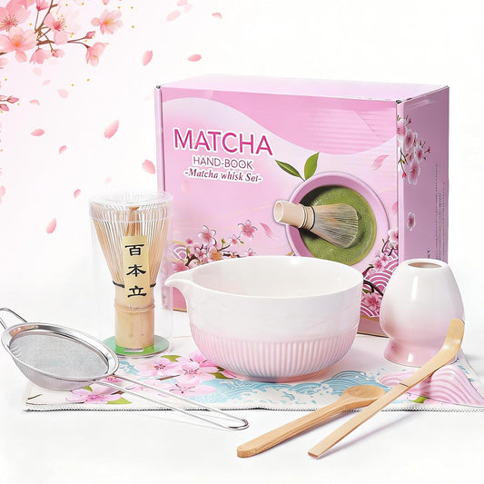 Matcha Whisk Set, Ceramic Matcha Set Includes Bowl & Holder, Bamboo Whisk (Chasen), Scoop, Spoon and Sifter, 8PCS Matcha Kit Covers Everything Needed for Making Matcha (Pink)