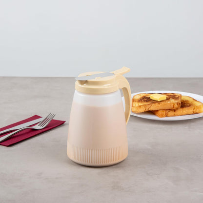 Chef 101 48 Ounce All Purpose Syrup Dispenser, 1 Honey Dispenser - Beige Top, Stainless Steel Slide Cover, Plastic Pancake Syrup Bottle, Perfect For Diners, Restaurants, Home