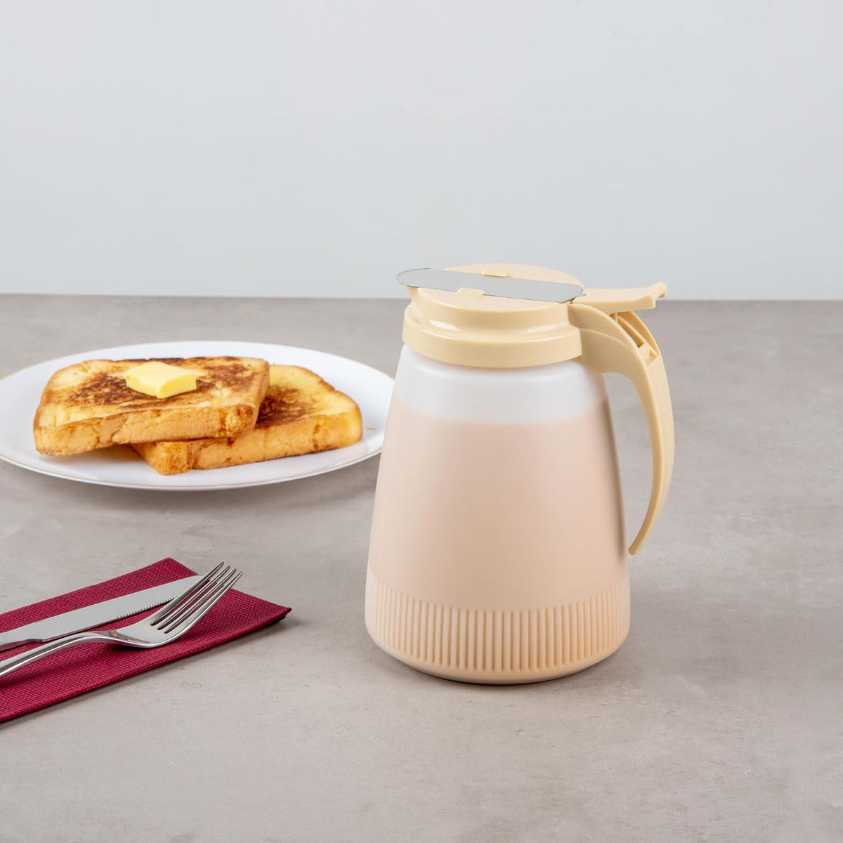 Chef 101 48 Ounce All Purpose Syrup Dispenser, 1 Honey Dispenser - Beige Top, Stainless Steel Slide Cover, Plastic Pancake Syrup Bottle, Perfect For Diners, Restaurants, Home
