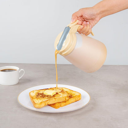 Chef 101 48 Ounce All Purpose Syrup Dispenser, 1 Honey Dispenser - Beige Top, Stainless Steel Slide Cover, Plastic Pancake Syrup Bottle, Perfect For Diners, Restaurants, Home
