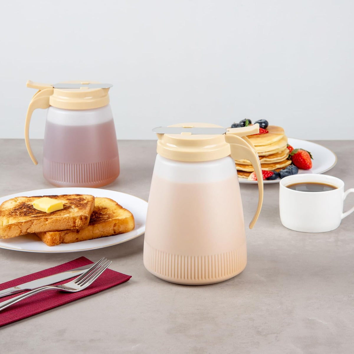 Chef 101 48 Ounce All Purpose Syrup Dispenser, 1 Honey Dispenser - Beige Top, Stainless Steel Slide Cover, Plastic Pancake Syrup Bottle, Perfect For Diners, Restaurants, Home