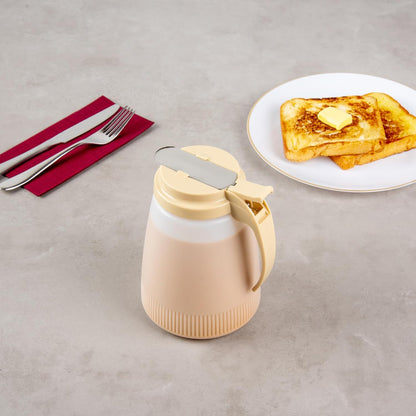 Chef 101 48 Ounce All Purpose Syrup Dispenser, 1 Honey Dispenser - Beige Top, Stainless Steel Slide Cover, Plastic Pancake Syrup Bottle, Perfect For Diners, Restaurants, Home